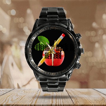 Discover "Welcome Back to School - Red Apple and Yellow Pen Calendar Steel Band Watch