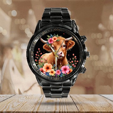 Discover Cute Scottish Highland Cow Floral Calendar Steel Band Watch