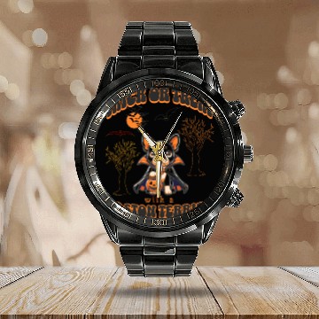 Discover Trick or Treat with a Boston Terrier Halloween Calendar Steel Band Watch