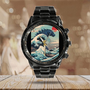Discover Kaiju Monster Japanese Great Wave Anime Graphic Calendar Steel Band Watch
