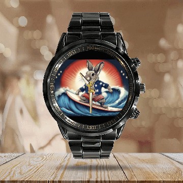 Discover Stars & Stripes Surfer Bunny Calendar Steel Band Watch