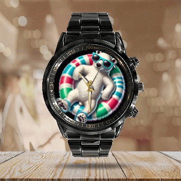 Discover A relaxed polar bear on a swimming ring Calendar Steel Band Watch