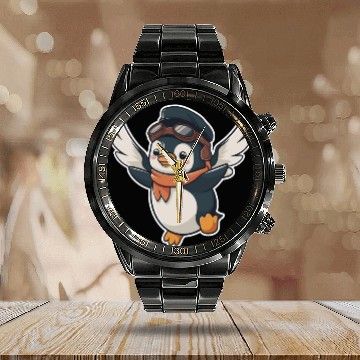 Discover Flying Pilot Penguin with Goggles and Scarf Calendar Steel Band Watch