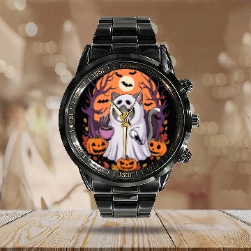 Discover Halloween Ghost Cat with Pumpkins Calendar Steel Band Watch