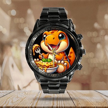 Discover Dino Dinosaur T-Rex Lasagna Italian Food Calendar Steel Band Watch