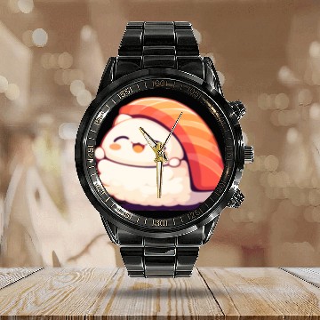 Discover Kawaii White Cat Salmon Nigiri Sushi Calendar Steel Band Watch
