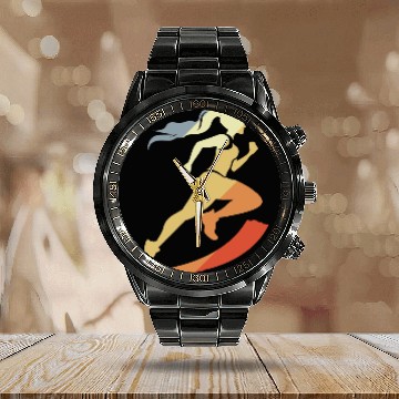 Discover Vintage Female Runner Graphic Calendar Steel Band Watch