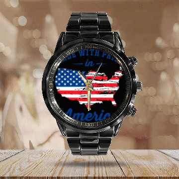Discover Made With Pride in America Patriotic USA Map with Calendar Steel Band Watch