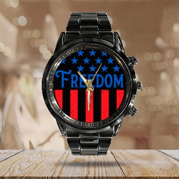 Discover Patriotic Freedom Stars and Stripes Calendar Steel Band Watch