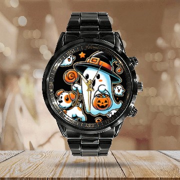 Discover Spooky Ghost and Puppy - Halloween Trick or Treat Calendar Steel Band Watch