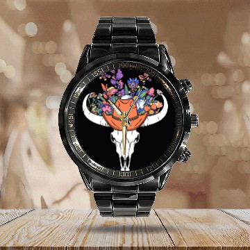 Discover wildflower with Cow Skull blooming Calendar Steel Band Watch