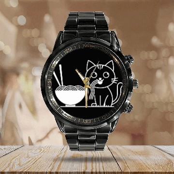 Discover Cute Cat Eating Ramen Kawaii Food Design Calendar Steel Band Watch