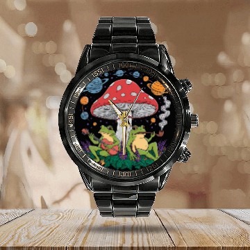 Discover Galactic Frogs and Mushroom Haven Calendar Steel Band Watch