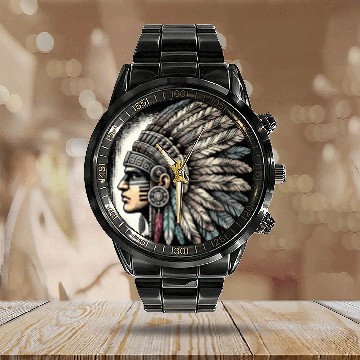 Discover Aztec Warrior Mask with Tribal Art and Ancient Calendar Steel Band Watch