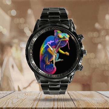 Discover Psychedelic Chameleon Vibes Calendar Steel Band Watch