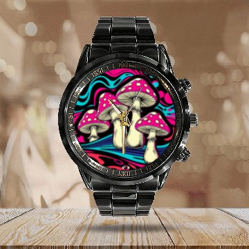Discover Psychedelic Shrooms: Neon Fungi Fantasy Calendar Steel Band Watch