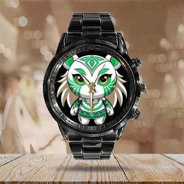 Discover A white teddy bear girl with green tribal makeup Calendar Steel Band Watch
