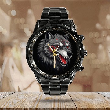Discover Fierce Wolf Head Illustration with Red Tribal Mark Calendar Steel Band Watch