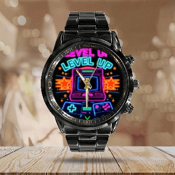 Discover Neon Arcade Glory: Level Up Calendar Steel Band Watch