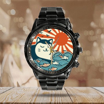 Discover Japanese Art Cat Calendar Steel Band Watch