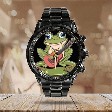 Discover Frog Playing Guitar On Lily Pad Calendar Steel Band Watch