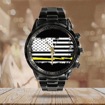 Discover Electrician Electrical Engineer Lineman US Flag Calendar Steel Band Watch