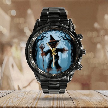 Discover Spooky Halloween Scarecrow Calendar Steel Band Watch