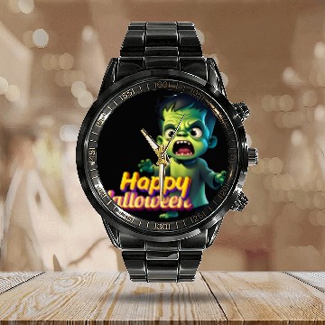 Discover Little Cute Green Zombie Expressing Fear Calendar Steel Band Watch