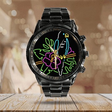 Discover Neon Tropical Parrot with Hibiscus Flower - Colorf Calendar Steel Band Watch