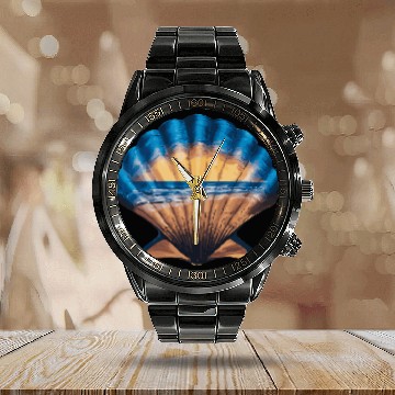 Discover Seashell Beach Scene Serene Ocean Landscape Calendar Steel Band Watch