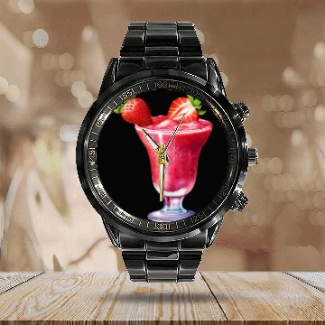 Discover Watercolor Strawberry Cocktail Drink Calendar Steel Band Watch