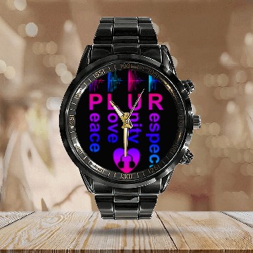 Discover PLUR (Peace Love Unity Respect) Calendar Steel Band Watch