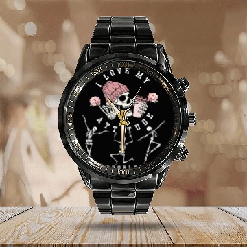 Discover I Love My Attitude Problem Funny Dancing Skeleton Calendar Steel Band Watch