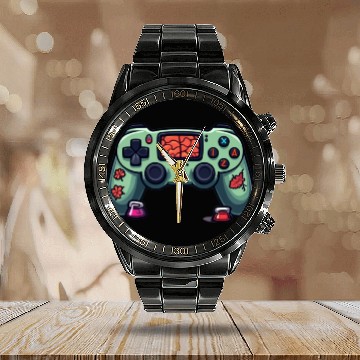 Discover Zombie Brain-Themed Green Controller Calendar Steel Band Watch