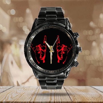 Discover Two heavy metal hard rock horn finger hand gesture Calendar Steel Band Watch