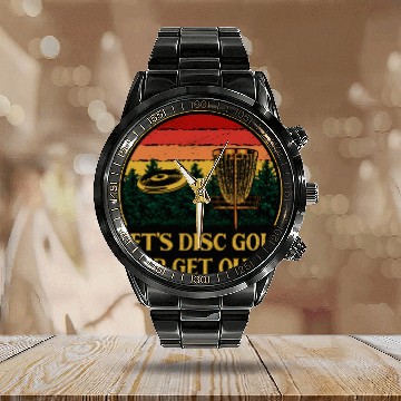 Discover Lets Disc Golf or Get Out Funny Husband and Wife H Calendar Steel Band Watch