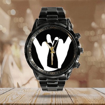 Discover Two heavy metal hard rock horn finger hand gesture Calendar Steel Band Watch
