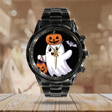 Discover Cute Halloween Ghost with Pumpkin and Bat Calendar Steel Band Watch