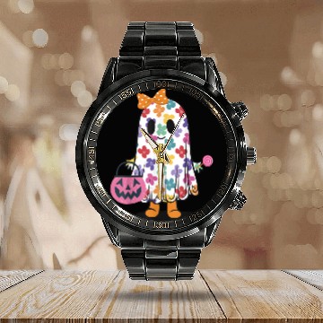 Discover Cute Floral Ghost Trick or Treat Calendar Steel Band Watch