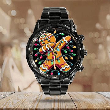 Discover Dabbing Gingerbread Wrapped in Christmas Lights Calendar Steel Band Watch