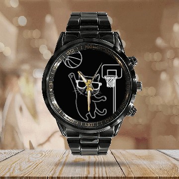 Discover Cat Wearing Sunglasses Playing Basketball Calendar Steel Band Watch