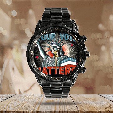 Discover Statue of Liberty & voting card -Your Vote Matters Calendar Steel Band Watch