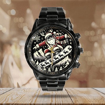 Discover Snowboarding Santa Winter Wonderland Christmas Fun Calendar Steel Band Watch
