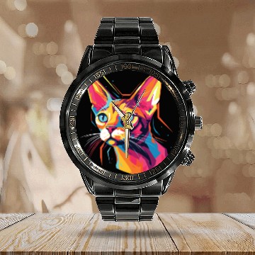 Discover Cat Watercolor Colorful Abyssinian Cat Calendar Steel Band Watch