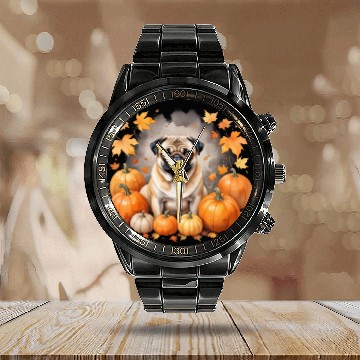 Discover Pug Pumpkin Thanksgiving Fall Halloween Dog Lover Calendar Steel Band Watch