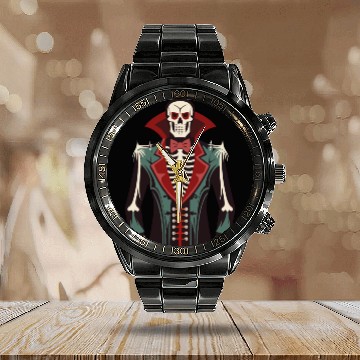 Discover A skeleton ribcage, a vampire tuxedo print Costume Calendar Steel Band Watch