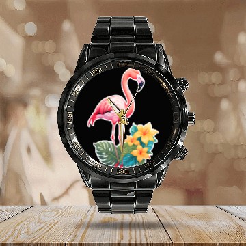 Discover Tropical Flamingo with Floral Elegance Calendar Steel Band Watch