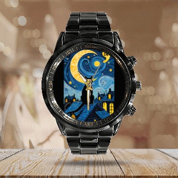 Discover Halloween Starry Night Black Cat Comma La Harris Calendar Steel Band Watch