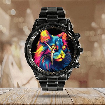Discover Cat Watercolor Colorful Maine Cat Calendar Steel Band Watch