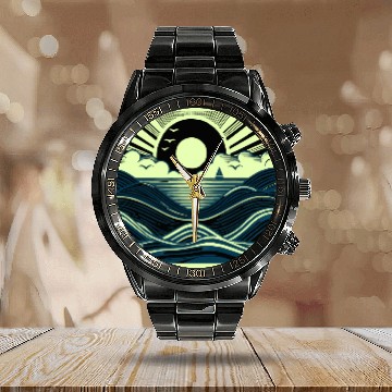 Discover Ocean Sunrise Retro Wave Sailing Calendar Steel Band Watch